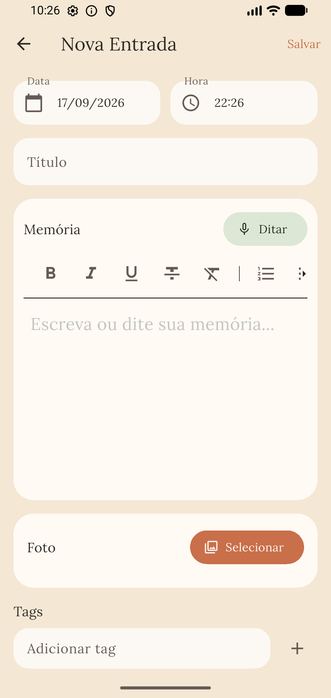 Tela de nova memoria do Notetory